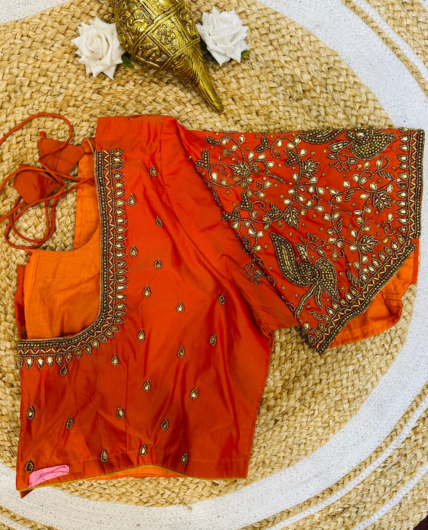 50” Size 20 Aari Worked Sari Blouse Indian Saree Top Silk Orange B110