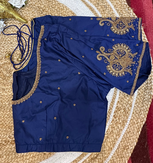50” Size 20 Aari Worked Sari Blouse Indian Saree Top Silk Blue B61