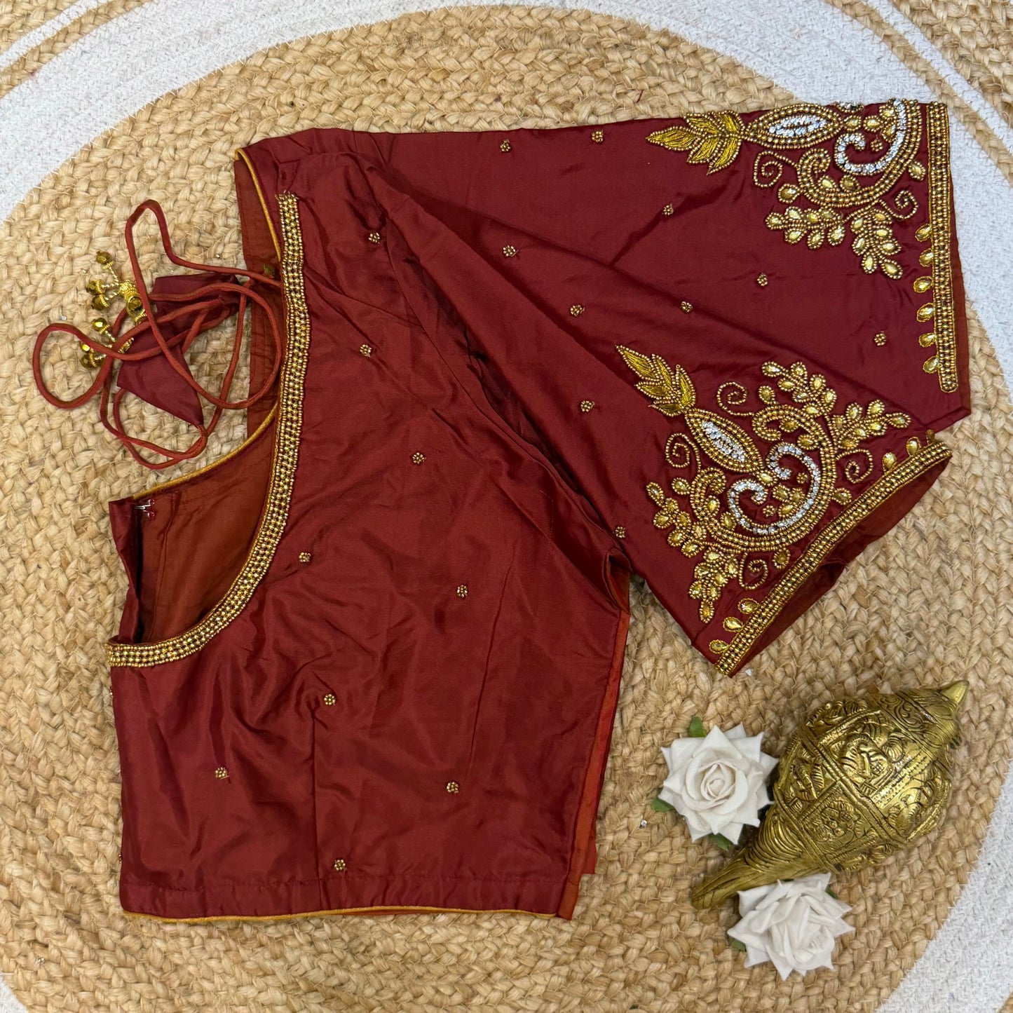 46” Size 16 Aari Worked Sari Blouse Indian Saree Top Silk Maroon Brown B220