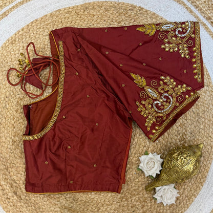 46” Size 16 Aari Worked Sari Blouse Indian Saree Top Silk Maroon Brown B220