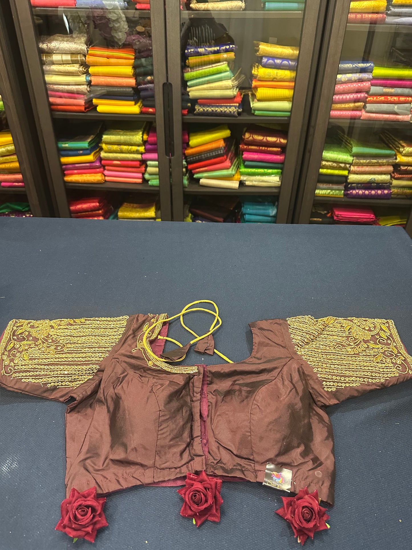 40” Aari hand Worked Sari Blouse Indian Top Choli Silk Maroonish Brown B16