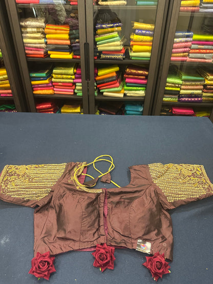 40” Aari hand Worked Sari Blouse Indian Top Choli Silk Maroonish Brown B16