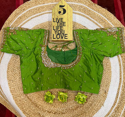 40” Aari hand Worked Sari Blouse Indian Top Choli Silk Green B44