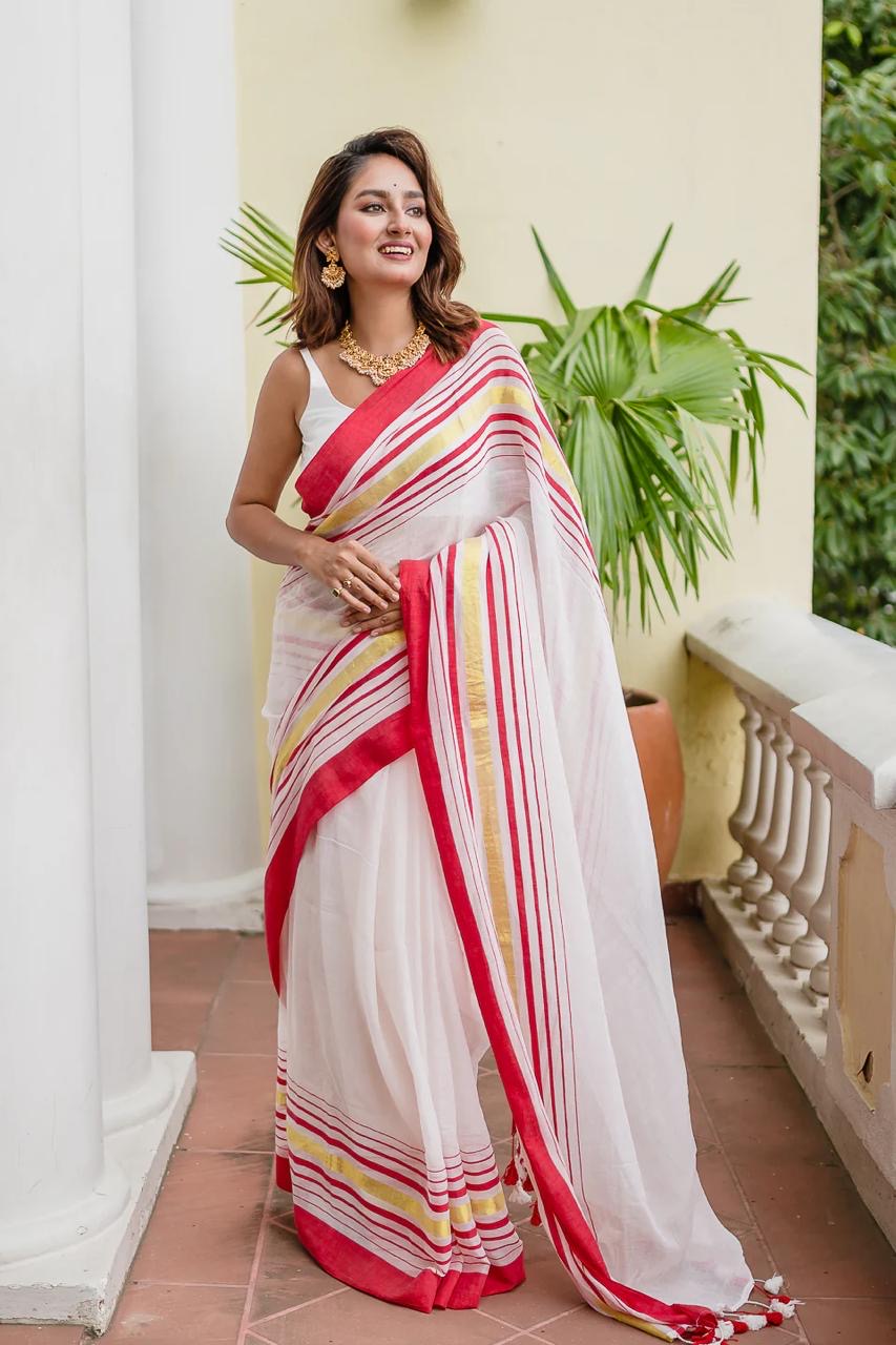 MUL Cotton Sari Indian casual Saree Red White Gold C27