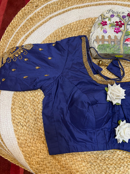 40” Aari hand Worked Sari Blouse Indian Top Choli Silk Blue B29