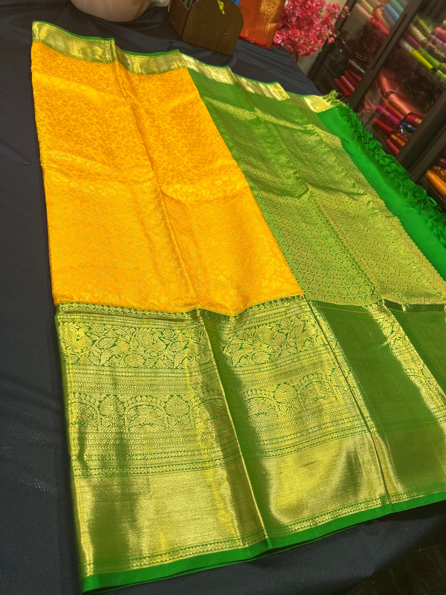 Kanchipuram Pure Silk Saree Yellow & Green Kanjivaram Sari| SPK087