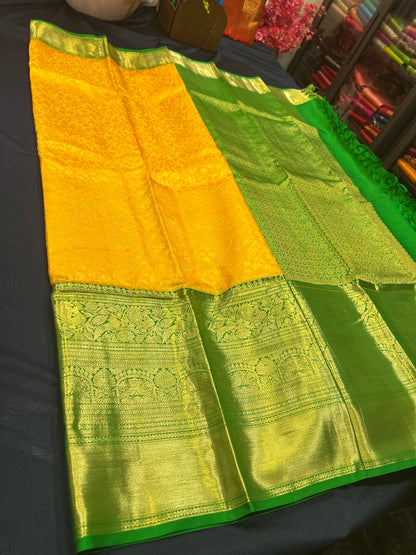 Kanchipuram Pure Silk Saree Yellow & Green Kanjivaram Sari| SPK087