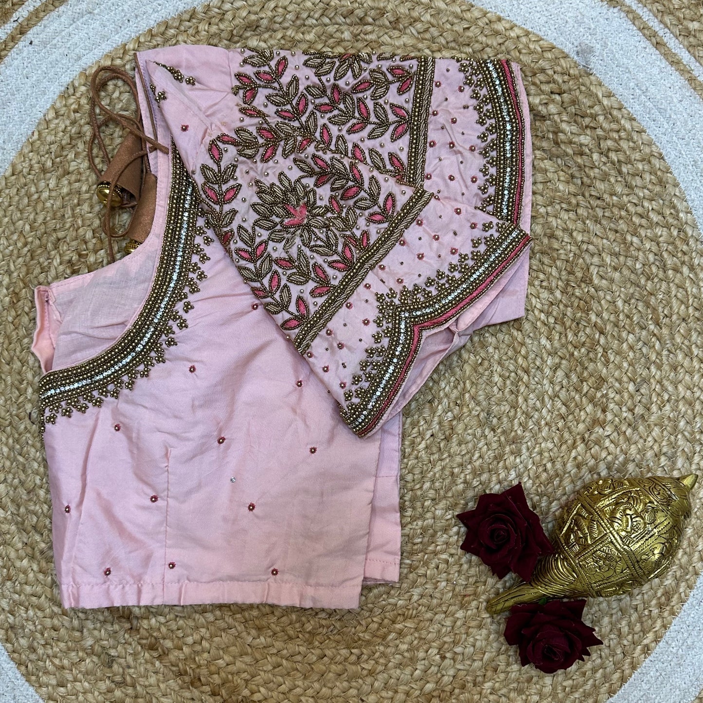 44” Size 14 Aari Worked Sari Blouse Indian Saree Top Silk Baby Pink B256