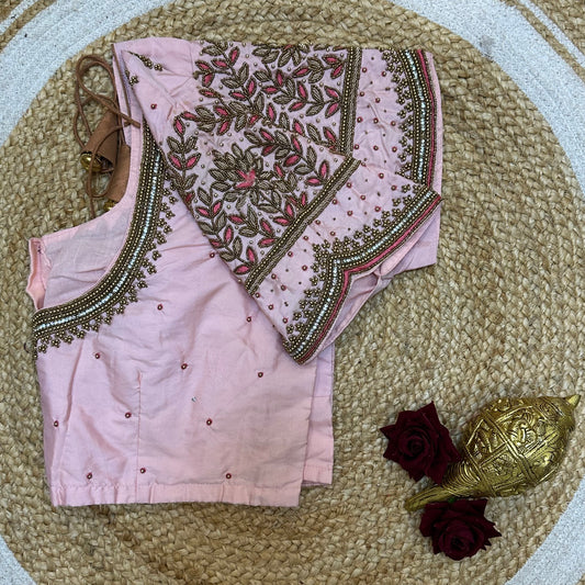 44” Size 14 Aari Worked Sari Blouse Indian Saree Top Silk Baby Pink B256