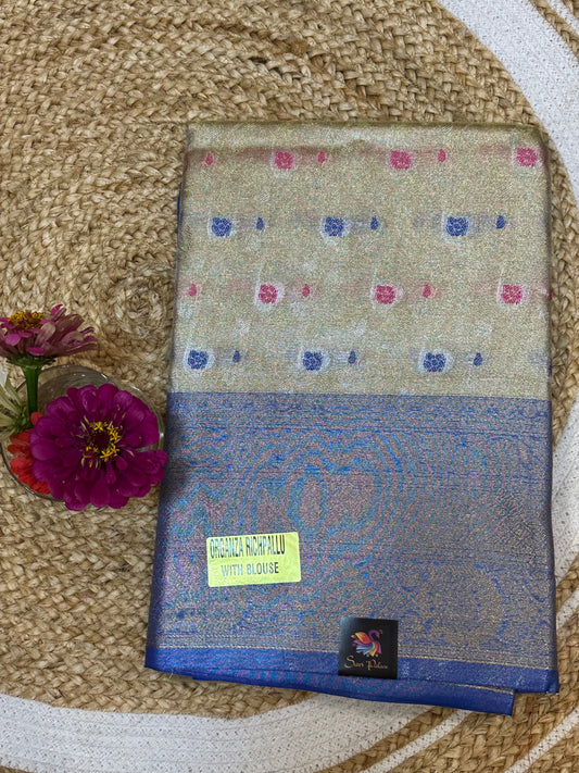 Tissue Silk brocade Sari Indian Fancy Saree Blue & Golden S18