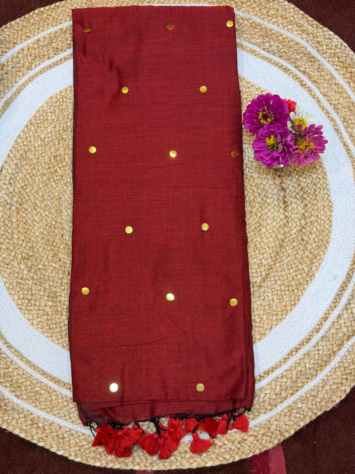 Khadi Soft Cotton Linen Sari Indian Saree Maroon  S9