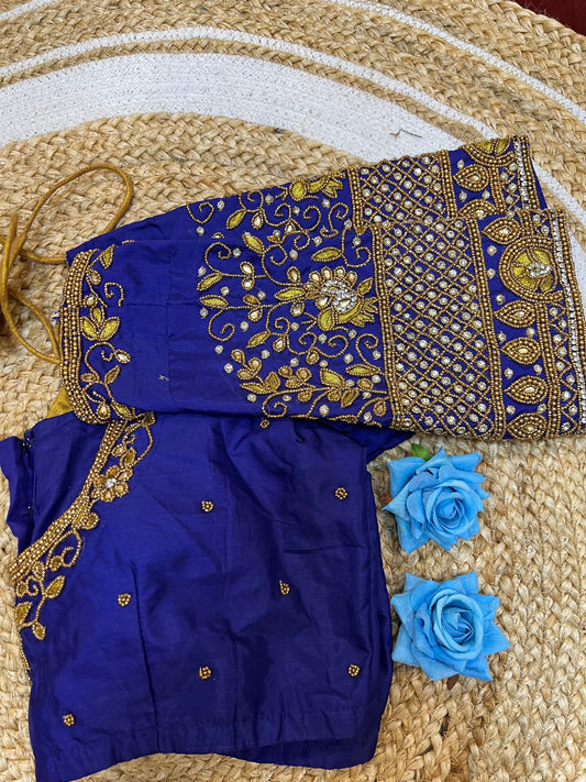 40” Aari hand Worked Sari Blouse Indian Top Choli Silk Royal Blue B33