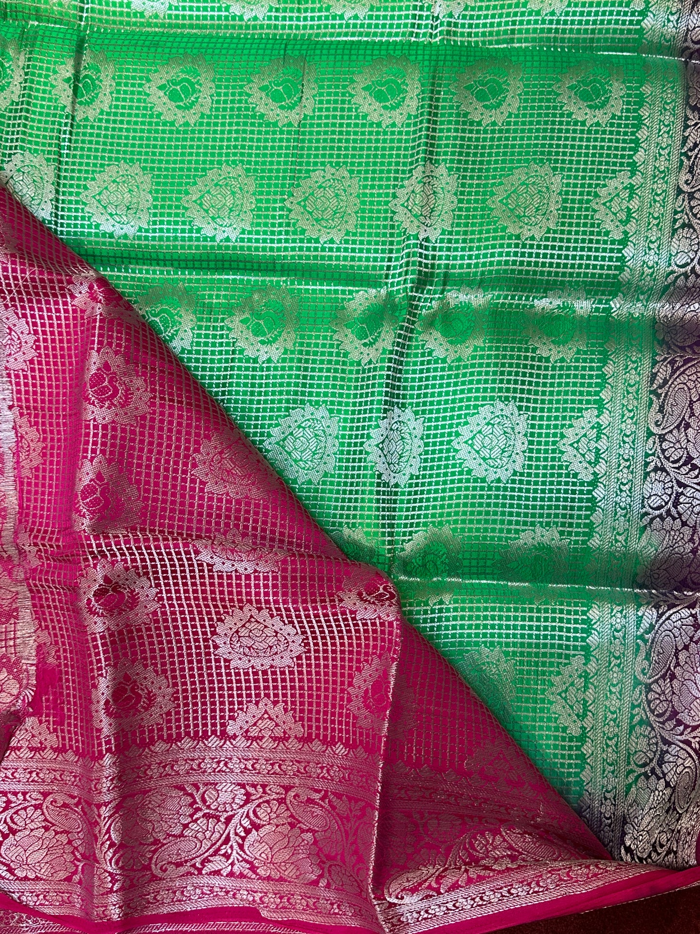 Bangalore Silk Sari Indian Fancy Saree Green & Pink S66