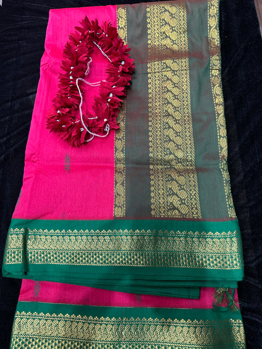 Kalyani Silk Cotton Sari Indian Saree Pink & Green S52
