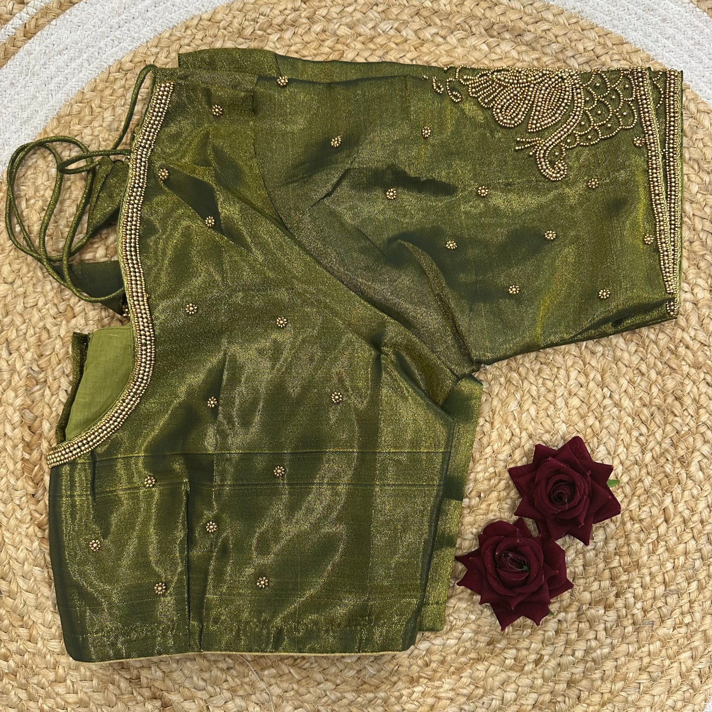 46” Size 16 Aari Worked Sari Blouse Indian Saree Top Silk Green B415