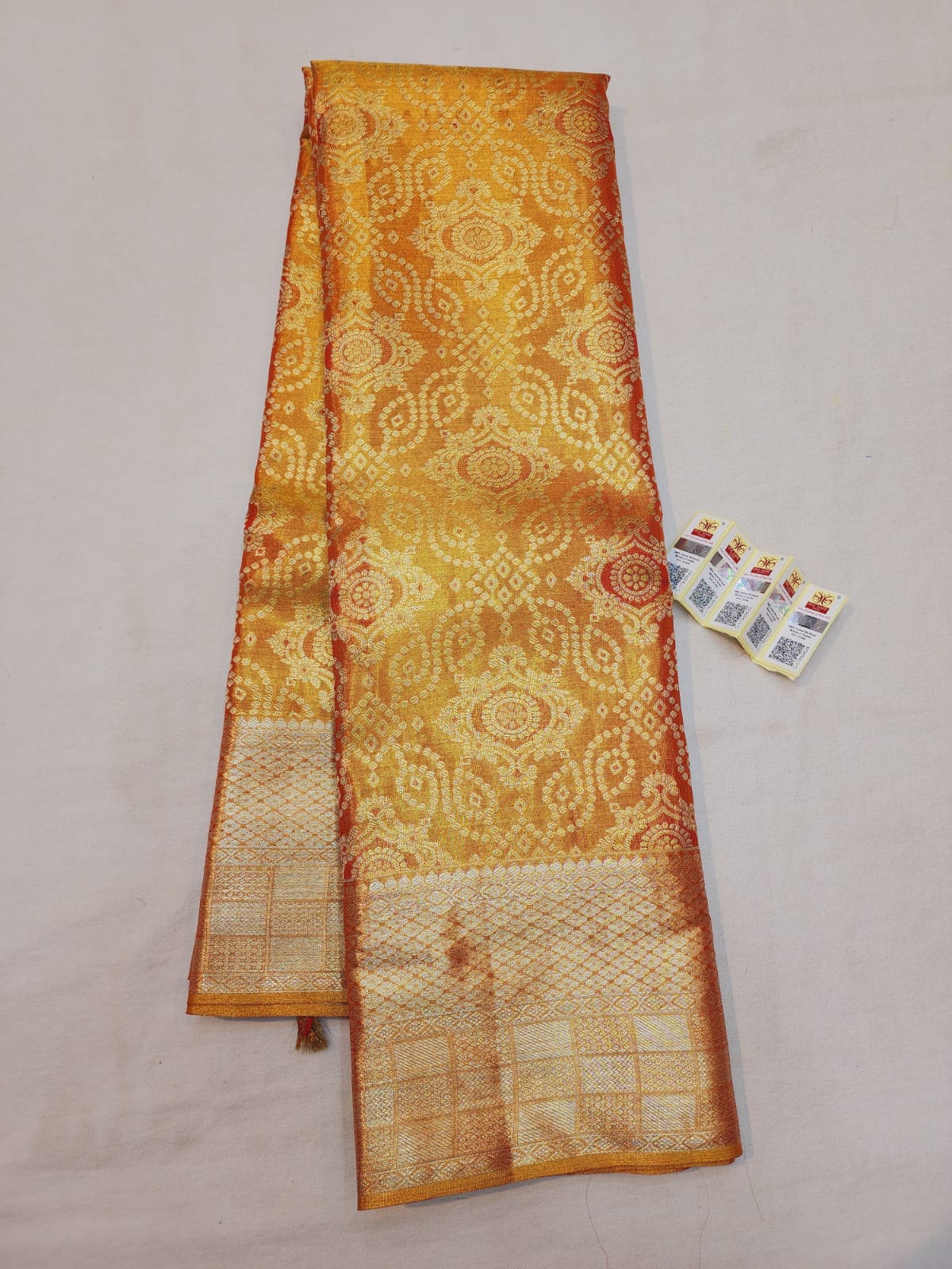 Bridal Tissue Kanchipuram Pure Silk Saree Orangish Gold Kanjivaram Sari| SPK127