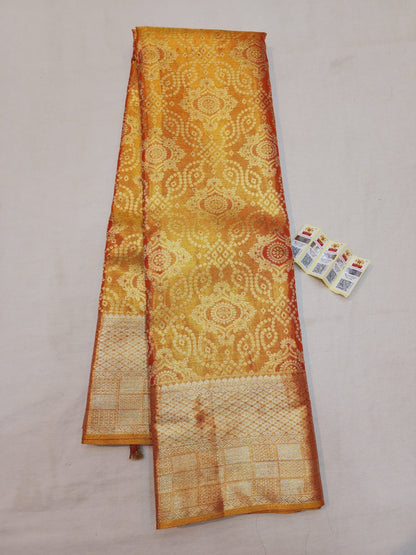 Bridal Tissue Kanchipuram Pure Silk Saree Orangish Gold Kanjivaram Sari| SPK127
