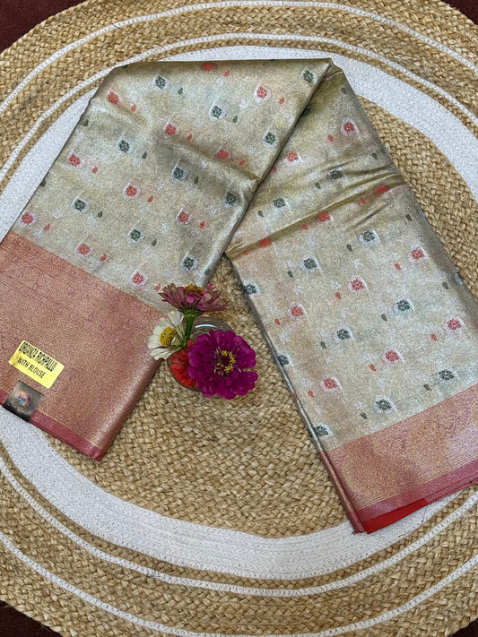 Tissue Silk brocade Sari Indian Fancy Saree Red & Golden S20