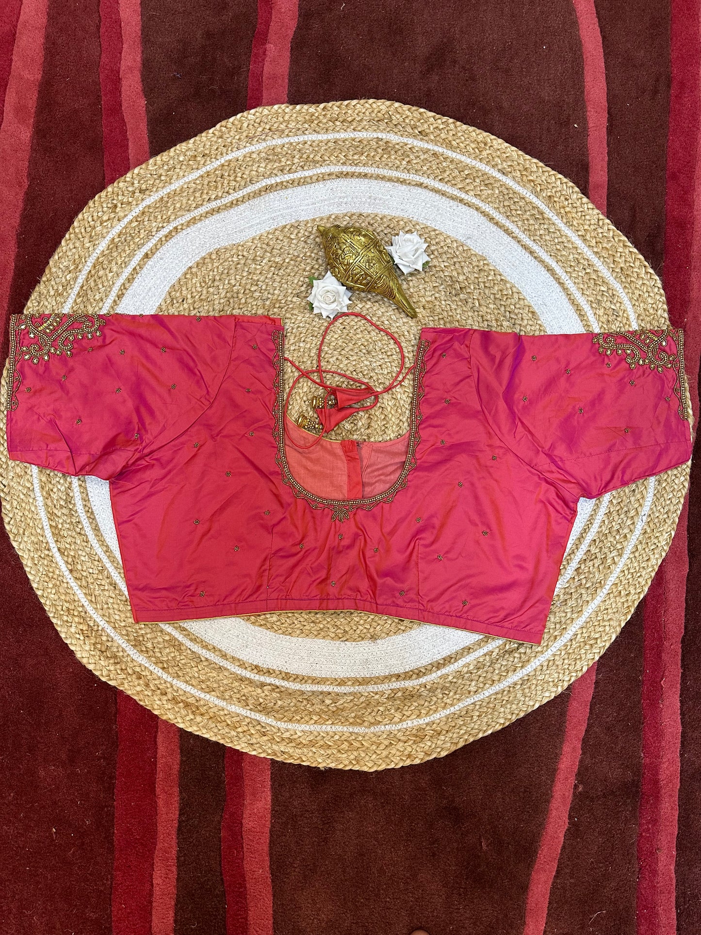 52” Size 22 Aari Worked Sari Blouse Indian Saree Top Silk Watermelon B53