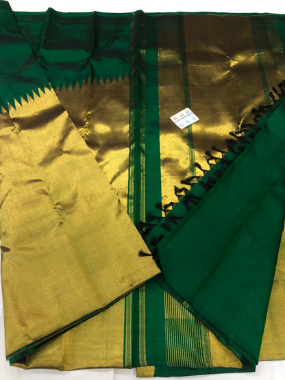 Raising Border Kanchipuram Pure Silk Saree Green Indian Kanjivaram Sari| SPK332