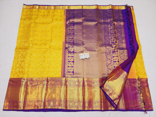 Korvai Kanchipuram Pure Silk Saree Mango Yellow & Purple Kanjivaram Sari| SPK110
