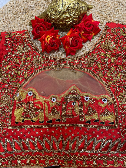 40” Bridal Aari hand Worked Sari Blouse Indian Top Choli Silk Red B35