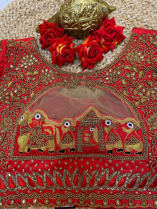 40” Bridal Aari hand Worked Sari Blouse Indian Top Choli Silk Red B35