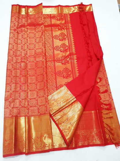Bridal Kanchipuram Pure Silk Saree Red Gold Kanjivaram Sari| SPK190