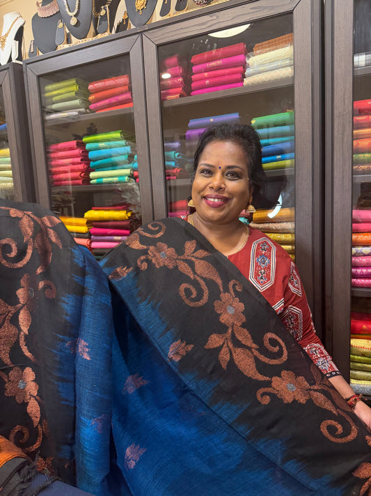 Silk Cotton Linen Sari Indian Saree Copper Jari Magenta Blue Black S124