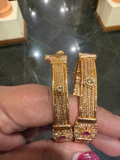 Indian Brass screw Bangles Set Ruby Pink Stones Antique Bracelets B9
