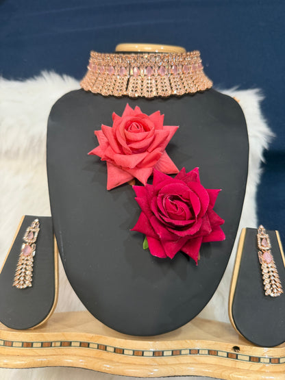 AD American Diamond Indian Rose Gold Necklace set Baby Pink N7