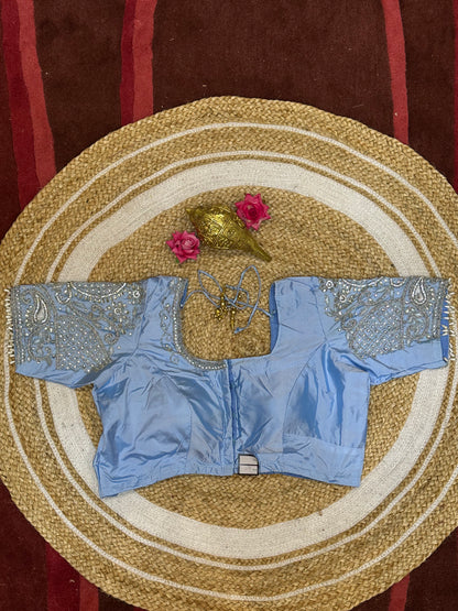 40” Size 10 Aari Worked Sari Blouse Indian Saree Top Silk Light Blue B94