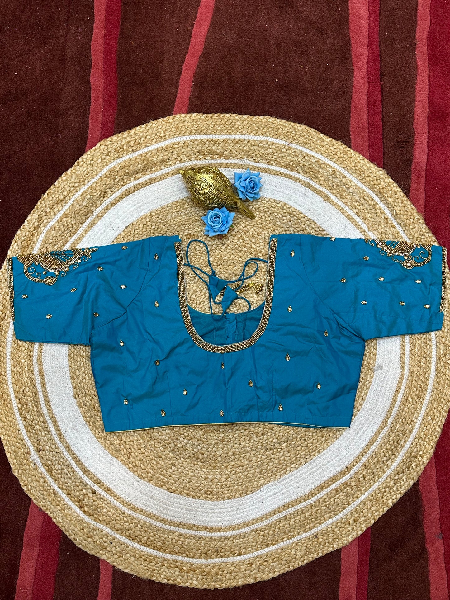 46” Size 16 Aari Worked Sari Blouse Indian Saree Top Silk Blue B197