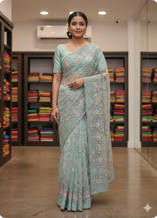 Pastel Blue Fancy Party wear Net Sari Indian Saree S82
