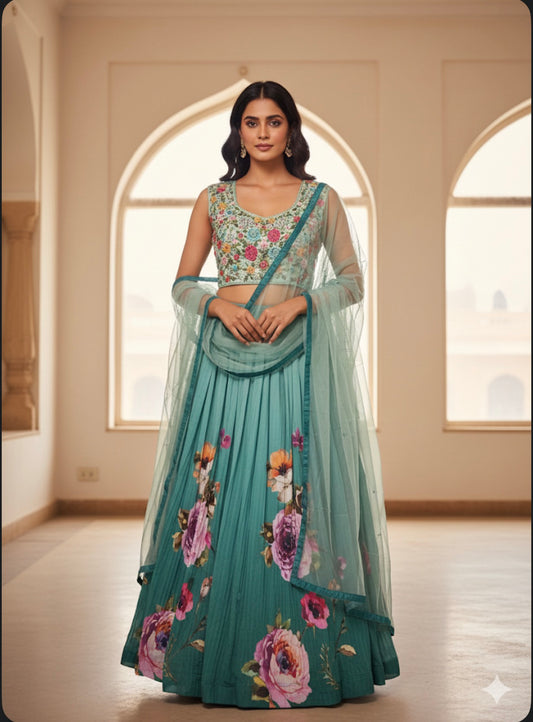 40” Indian Size Large size 10 Green Floral Lehenga L001