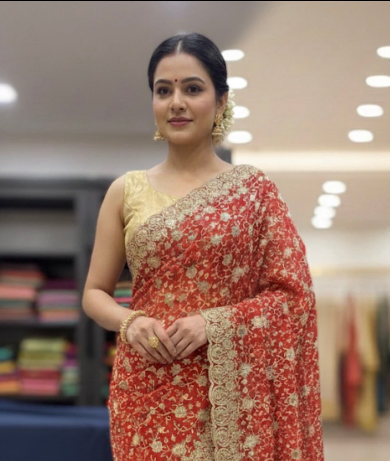 Red Fancy Party wear Georgette Pearl Sari Indian Saree S45