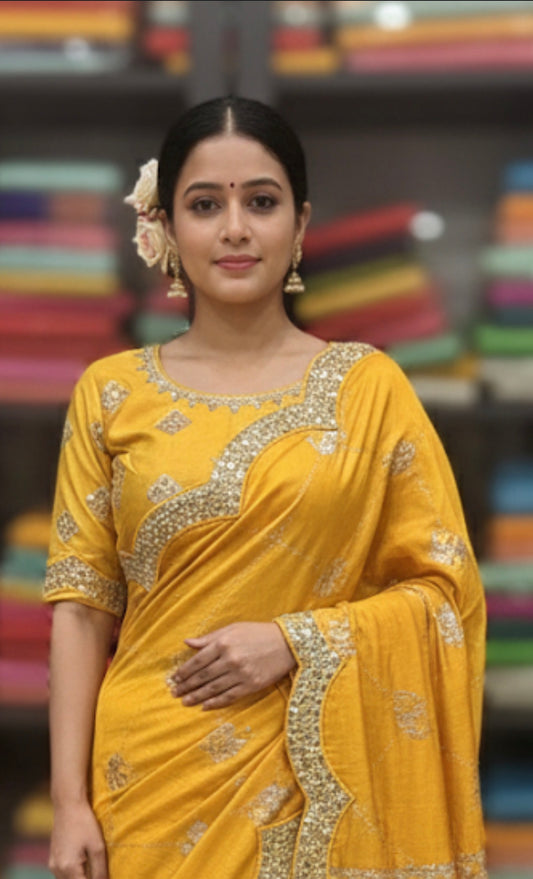 Yellow Fancy Party wear Sari Indian Saree Blouse Combo S85