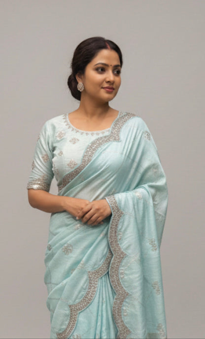 Sky Blue Fancy Party wear Sari Indian Saree Blouse Combo S87