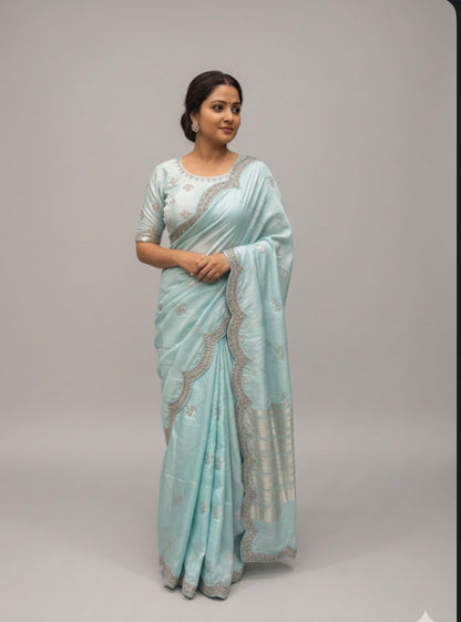 Sky Blue Fancy Party wear Sari Indian Saree Blouse Combo S87