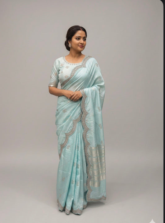 Sky Blue Fancy Party wear Sari Indian Saree Blouse Combo S87