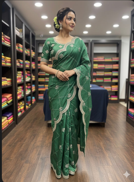 Green Fancy Party wear Sari Indian Saree Blouse Combo S83