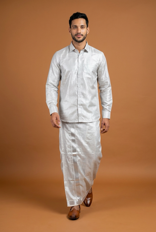 Men’s South Indian Vesti Shirt Combo Silver Tissue Dhotti V7