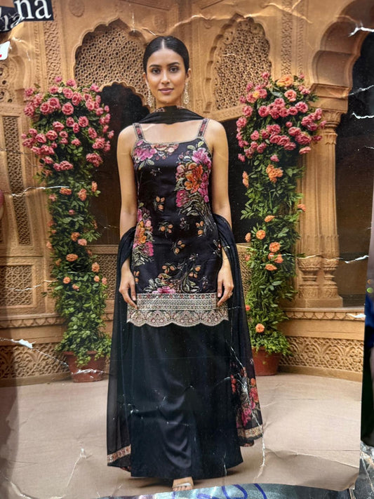 Black Floral Indian Indowestern Outfit Salwar Kameez Plazzo Suit S51