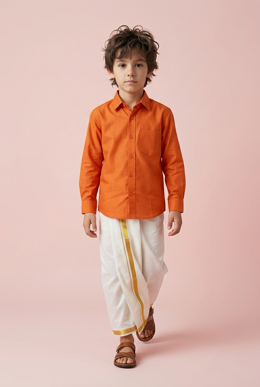 Kids Indian Boyswear Velcro Vesti & Shirt combo Orange Cream Dhotti V10