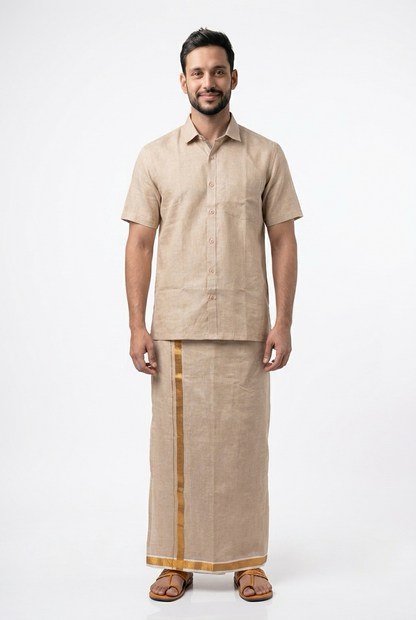 Men’s South Indian Vesti Shirt Combo Rose Gold Copper Tissue Dhotti V11