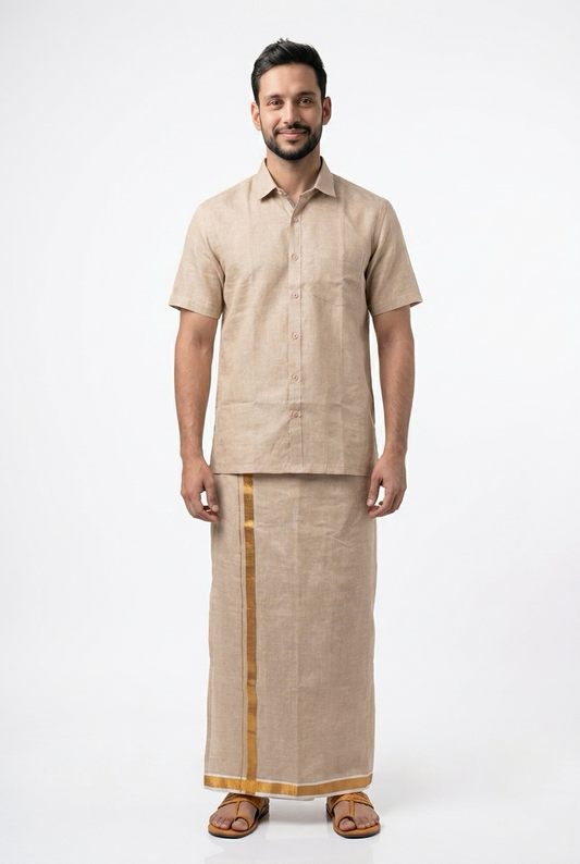 Men’s South Indian Vesti Shirt Combo Rose Gold Copper Tissue Dhotti V11