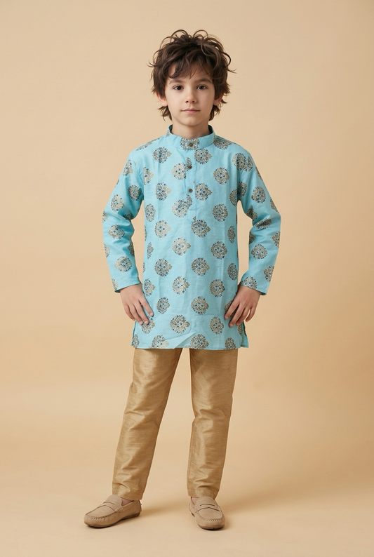 Boys Indian Sherwani Outfit kids Kurta Blue Gold K11