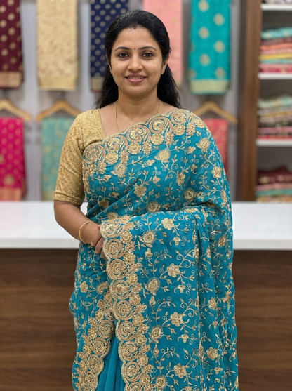 Blue Fancy Party wear Georgette Sari Indian Pearl Saree S44