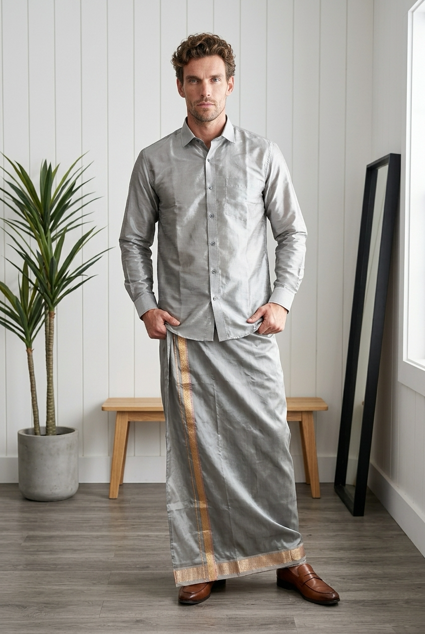 Silver Grey Men’s South Indian Vesti Shirt Combo Silk vetti Dhotti V16