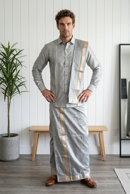 Silver Grey Men’s South Indian Vesti Shirt Combo Silk vetti Dhotti V16